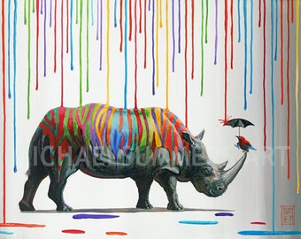 My Little Friend - rhino illustration - pop art print - surrealism print - fine art print - modern wall art - painting by Michael Summers