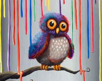 Little Hoot - owl illustration - pop art print - surrealism print - fine art print - decor - modern wall art - painting by Michael Summers