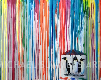 Right As Rain - penguin illustration - pop art print - surrealism print - fine art print - modern wall art - painting by Michael Summers