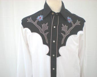 Vintage Kennington Rocking K Ranchwear Black & White Western Shirt L Large