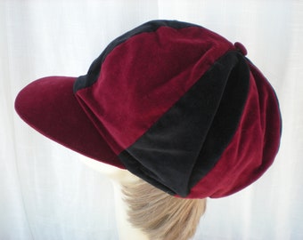 Vintage 90's Burgundy Red / Black Velvet Gavroche Page Boy Baker Cabby Newspaper Hat Dreadlocks Tam Czech Republic