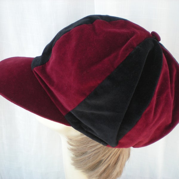 Vintage 90's Burgundy Red / Black Velvet Gavroche Page Boy Baker Cabby Newspaper Hat Dreadlocks Tam Czech Republic