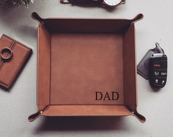 Dad Vegan Leather Tray, Personalized Catch All Tray, Valet Tray For Men, EDC Dump Tray, Valet Storage, Coin Tray, Father's Day Gift