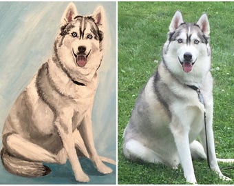 May include: A painting of a husky dog sitting on a blue background, next to a photo of the same dog sitting on green grass.