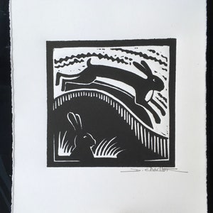 Hare Linocut print, Handprinted, original, lino print, hare, woodland, wildlife, gift idea