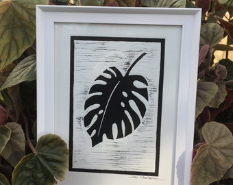 Monstera leaf (Cheeseplant) handprinted, original linocut print, interior, foliage, office plant, gift idea