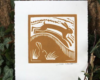 Hare linocut print, original handprinted relief print, woodland, wildlife, hares, gift idea