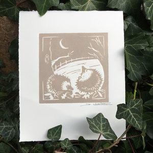 Hedgehogs awaken, original linocut print, wildlife, woodland, gift idea, hedgehog