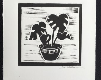 Cheese plant, original handprinted linocut, office plant, foliage, gift idea