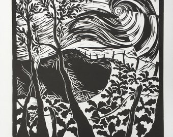 The Turnip Fields, Limited edition linocut print, farming, organic farming, gift idea, printmaking, lino print