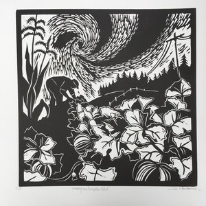 May include: Black and white woodcut print depicting a person weeding a pumpkin patch. The print is titled "Weeding the Pumpkin Patch" and is signed by the artist.