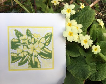 Spring Primrose, édition limitée, linogravure couleur réduction, imprimé lino