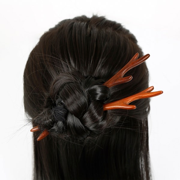 Natural Sandalwood Hair Sticks for Women - Set of 2 - Retro Fashion Chopsticks for Long Hair - Antlers