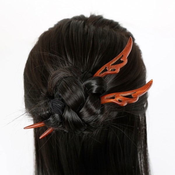Natural Sandalwood Hair Sticks for Women - Set of 2 - Retro Fashion Chopsticks for Long Hair - Wings