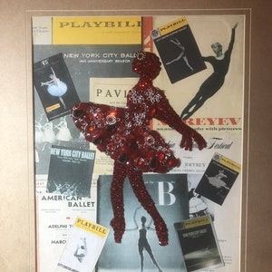 Mosaic Framed Ballet Image Red Ballerina with Vintage Playbills