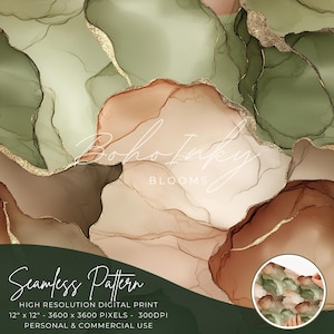 May include: Seamless digital paper pattern featuring abstract green, brown, and beige watercolour-like shapes with gold accents. The pattern is 12 inches by 12 inches and 300 DPI. The text "Boho Inky Blooms" is visible in the image.
