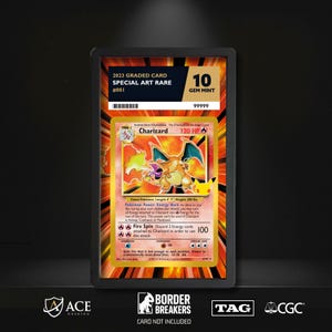 May include: A graded Charizard trading card encased in a black plastic slab. The card features a fiery orange background, a 120 HP rating, and a 25th-anniversary logo. The slab label displays 2023 GRADED CARD, SPECIAL ART RARE, and 10 GEM MINT.