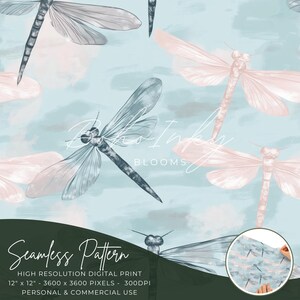 Pastel Dragonfly Seamless, Tiling Pattern, Wallpaper, Floral, Botanical, Dragonfly, Muted Pastel | Personal, Commercial