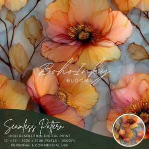 Apricot Poppies Alcohol Ink Seamless Pattern Digital, Seamless Print, Sublimation, Boho, Floral, Alcohol Ink, Commercial