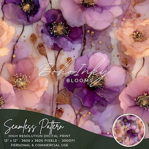 May include: A seamless floral pattern in watercolour style, showcasing purple, pink, and peach flowers with gold detailing. The design includes the text "Boho Inky Blooms" and "Seamless Pattern". The print is 30.48 cm x 30.48 cm and suitable for personal and commercial use.