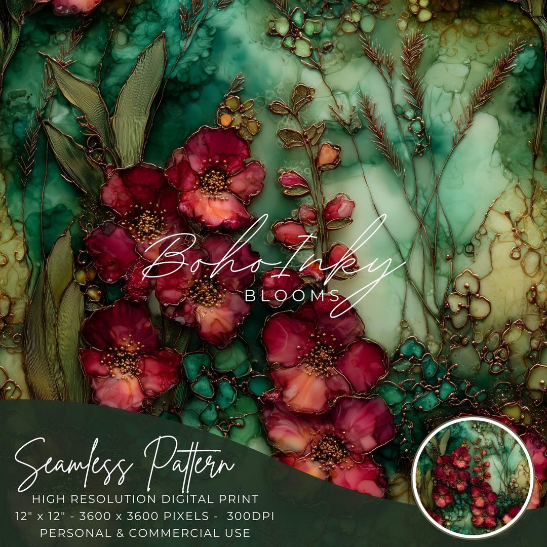 Ruby Flower Drawing Jade and Ruby Flowers Alcohol Ink Seamless Pattern Digital, Seamless ...