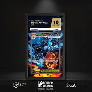 May include: A graded Pokémon card featuring Mega Charizard X EX. The card is graded as a Gem Mint 10. The card has a colorful illustration of Charizard in a dynamic pose with blue and orange flames. The card is encased in a black holder.