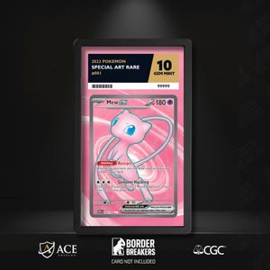 May include: A graded Pokémon card featuring Mew ex, a pink creature with blue eyes, on a pink background. The card is labeled "2023 Pokemon Special Art Rare" and graded as a Gem Mint 10. The card is in a protective case.