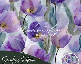 Pale Lilac Tulips Alcohol Ink Seamless Pattern Digital, Seamless Print, Sublimation, Boho, Floral, Alcohol Ink, Commercial