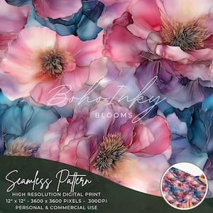 Alcohol Ink Intricate Blush Peonies Seamless Pattern Digital, Seamless Print, Sublimation | Petals, Flowers, Floral, Alcohol Ink, Commercial