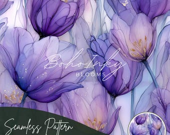 Graceful Violet Tulips Alcohol Ink Seamless Pattern Digital, Seamless Print, Sublimation, Boho, Floral, Alcohol Ink, Commercial