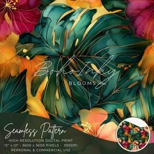 Peut inclure: Impression numérique sans couture avec de grandes feuilles tropicales dans des tons de vert et d'or avec des fleurs roses et orange. L'impression mesure 30,5 cm sur 30,5 cm et 3600 pixels sur 3600 pixels à 300 DPI. Le texte "Boho Inky Blooms" est au centre de l'image.