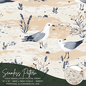 May include: Seamless pattern featuring two white seagulls with gray wings standing on a sandy beach with blue and brown plants. The pattern is 12 inches by 12 inches and has a resolution of 3600 by 3600 pixels at 300 DPI. It is suitable for personal and commercial use.