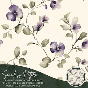 Violet Vines Nahtlose Muster Digital, Nahtloser Druck, Sublimation | Veilchen, Floral, Reben, Boho, Elegant, Botanisch, Kommerziell