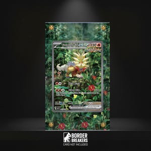May include: A framed Gouging Fire ex Pokémon card with a jungle-themed background. The card features a red, yellow, and white creature with the text "Heat Blast" and "Blaze Blitz". The frame has a green floral design and the text "BORDER BREAKERS CARD NOT INCLUDED".