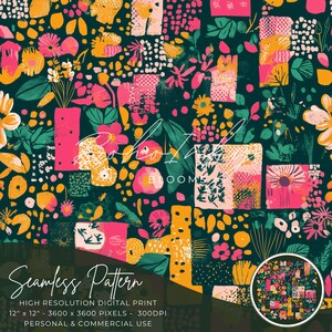 May include: A seamless pattern featuring a colorful abstract floral design with pink, yellow, and green flowers on a dark green background. The pattern is made up of squares and rectangles with a textured, painted look. The text "Boho Bloom" is visible in the center of the image.