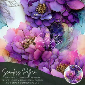 May include: A digital art print showcasing large, stylised purple and pink flowers with gold detailing. The image includes the text "Boho Inky Blooms" and "Seamless Pattern". The print is 30.48 cm x 30.48 cm and is for personal and commercial use.