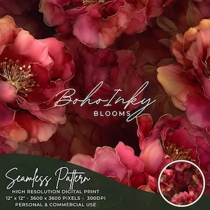 Crimson Roses Alcohol Ink Seamless Pattern Digital, Seamless Print, Sublimation, Boho, Floral, Alcohol Ink, Commercial