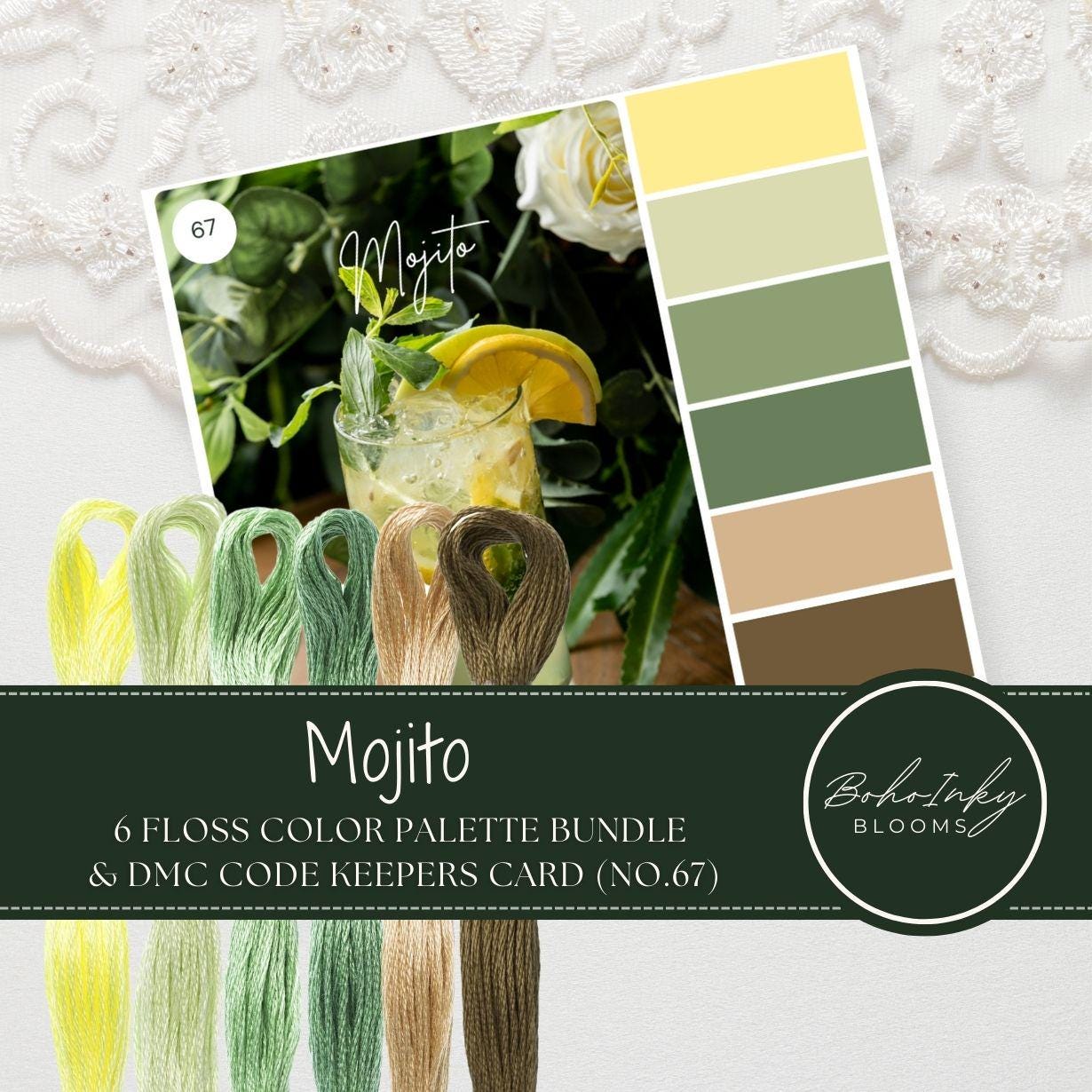 Embroidery Threads Color Palette Pack Mojito (67) 6 Skeins Embroidery Floss, Use DMC Code, 100% Cotton Floss, Thread Pack and Card