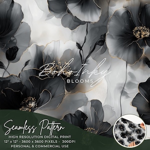 May include: A seamless pattern featuring black and white ink flowers with gold accents. The pattern is called "Boho Inky Blooms" and is a high resolution digital print, 30.5 cm by 30.5 cm, 3600 by 3600 pixels, 300 DPI. It is for personal and commercial use.