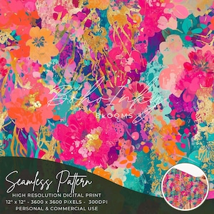 Könnte beinhalten: Nahtloses digitales Muster mit einem lebendigen Blumendesign mit rosa, orangefarbenen und gelben Blumen auf einem blaugrünen, violetten und goldenen Hintergrund. Das Muster ist 30,5 cm x 30,5 cm groß und hat eine Auflösung von 3600 Pixel x 3600 Pixel bei 300 DPI. Der Text "Boho Inky Blooms" ist in der Mitte des Bildes sichtbar.