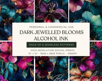 Alcohol Ink Dark Jewelled Blooms Seamless Pattern Bundle Digital, Seamless Print, Sublimation, Purple, Dark Moody, Gold, Floral, Commercial