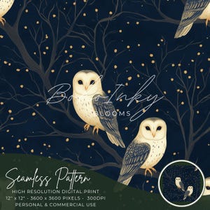 Night Owl Seamless Pattern Digital, Seamless Print, Sublimation | Owl Pattern, Dark, Woodland, Owl Bird, Personal, Commercial