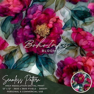May include: Seamless pattern featuring large, vibrant pink and magenta peony blooms with gold centers and teal leaves. The design includes the text "Boho Inky Blooms" and "Seamless Pattern". The digital print is 12" x 12" and suitable for personal and commercial use.
