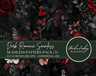 Dark Romance Flowers 3x Seamless Pattern Pack Digital, Seamless Print, Sublimation, Gothic, Dark Academia, Romance, Commercial