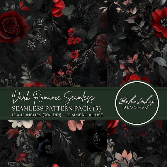 Dark Romance Flowers 3x Seamless Pattern Pack Digital, Seamless Print, Sublimation, Gothic, Dark Academia, Romance, Commercial