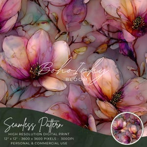 Könnte beinhalten: Nahtloser Digitaldruck mit Magnolienblüten im Aquarellstil in Rosa-, Lila- und Orangetönen. Das Design enthält den Text "Boho Inky Blooms" und "Seamless Pattern". Der Druck ist 30.48 cm x 30.48 cm groß und für den persönlichen und kommerziellen Gebrauch geeignet.
