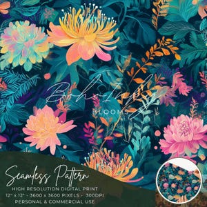 May include: Seamless pattern digital print featuring vibrant pink, yellow, and orange flowers with green foliage on a dark blue background. The text "Boho Ink Blooms" is visible in the center of the image. The print is 12 inches by 12 inches and 300 DPI.