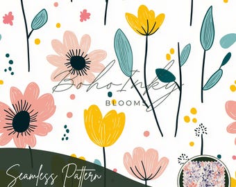 May include: A seamless pattern featuring pink, yellow, and blue flowers with black outlines on a white background. The pattern is 12 inches by 12 inches and has a resolution of 3600 by 3600 pixels. It is 300 DPI and can be used for personal and commercial purposes.