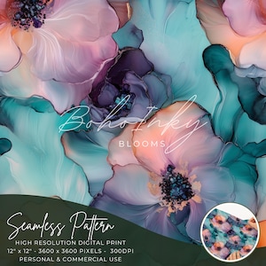 Flowing Flowers Alcohol Ink Seamless Pattern Digital, Seamless Print, Sublimation | Boho, Floral, Alcohol Ink, Personal & Commercial