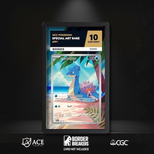 May include: A graded Pokémon card featuring a blue Lapras illustration on a beach scene. The card is labeled "2023 Pokemon Special Art Rare" and graded as Gem Mint 10. The card is encased in a black holder with the Border Breakers logo.